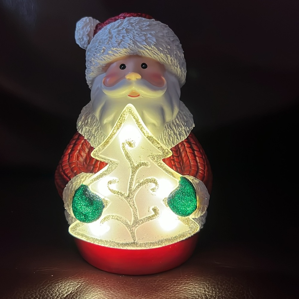Vtg Lighted Glitter Santa Holding Sparkly Christmas Tree in Green Gloves